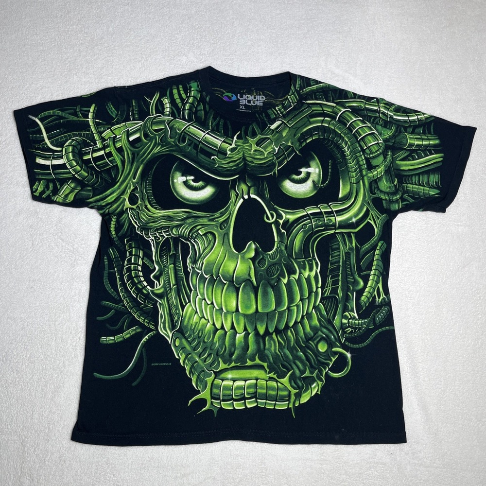 Liquid Blue AOP Terminator Green Skull Cyberpunk T Shirt XL Grunge Skateboard